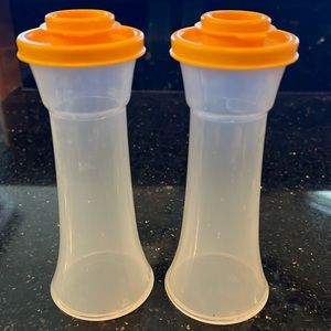 Tupperware Tall Hourglass Salt and Pepper Shaker Set - Clear with Orange Lids